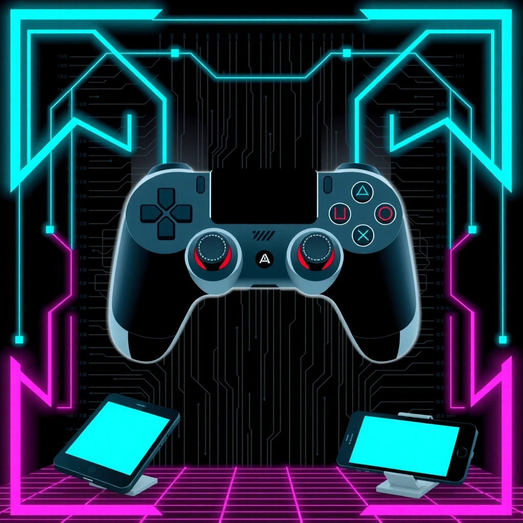 Fondo tecnológico futurista con circuitos y elementos de juego móvil